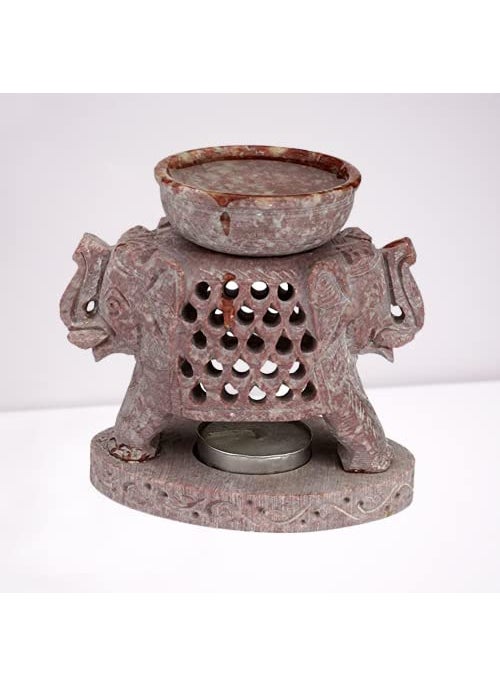 Urban Decor Marble Elephant Handcrafted Soapstone Aroma Oil Diffuse Burner with 2 Tea Light Candle and 10 ml Sandal Wood 4x4 Inches