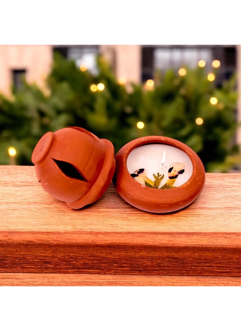Aroma Soy Wax Scented Candle 10 Cm 393 Terracotta Diwali Decoration Premium Organic Wax Diya Smokeless Lamp with Portable Cap Burning time 9 Hours Vanila