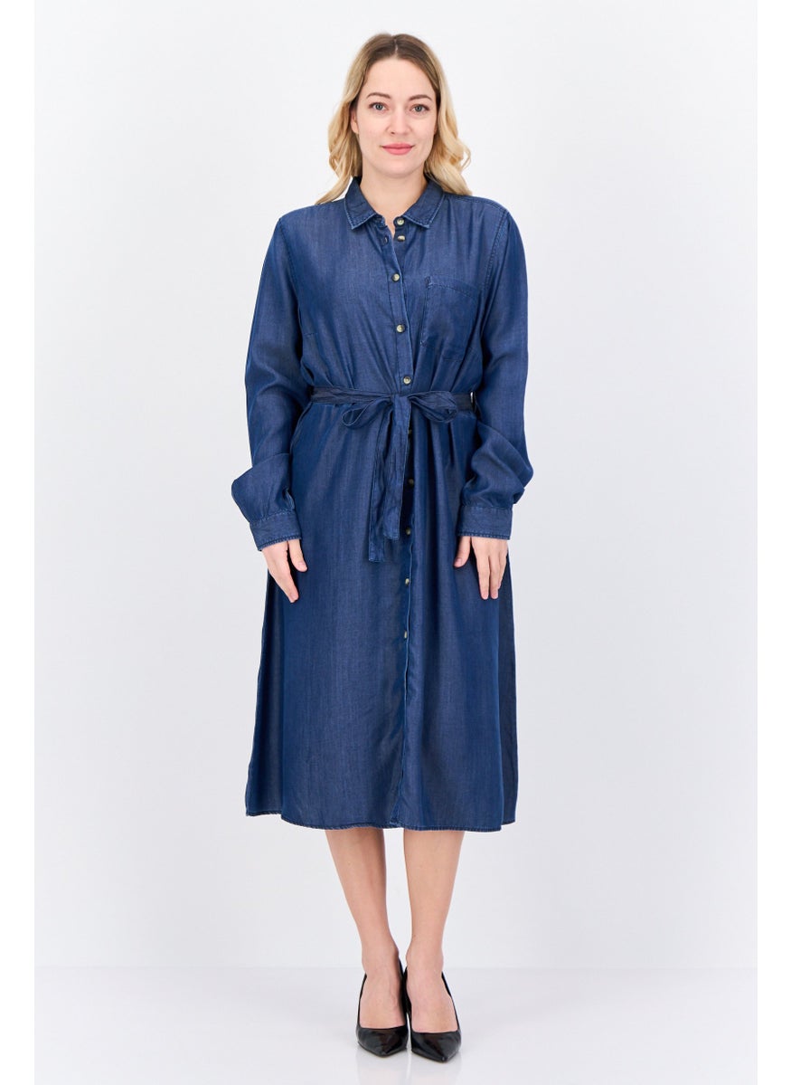 Women Plain Midi Belted Dress, Navy Blue
