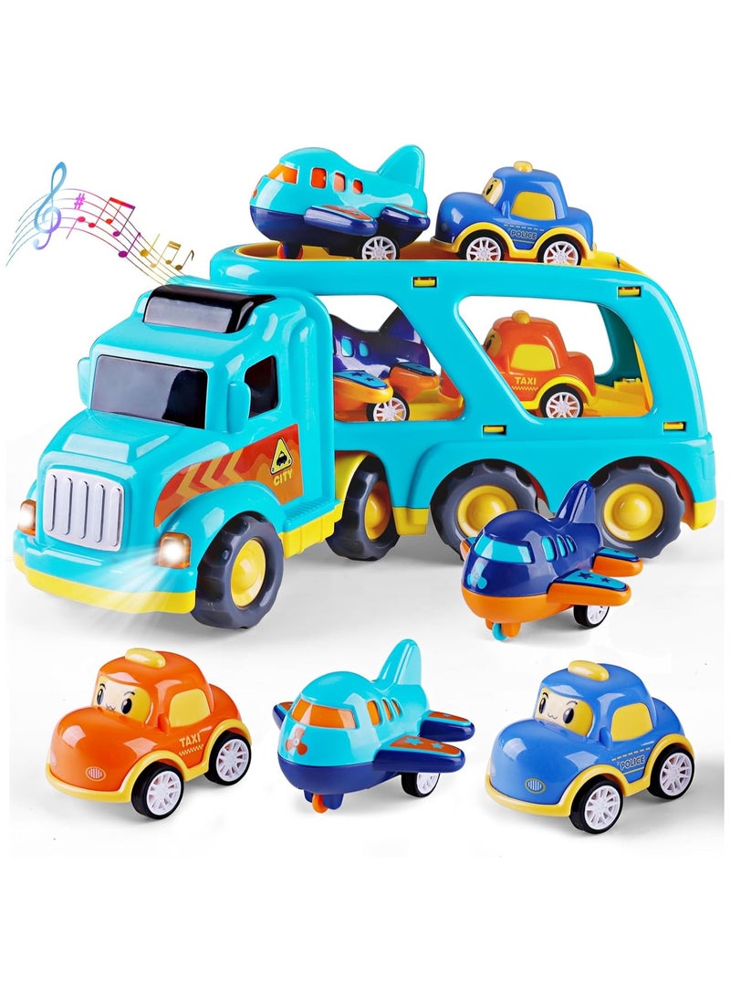 5 in 1 Toys Cars for 3 4 5 6 Years Old Toddlers Boys Girls Gifts, Transport Truck Toys with Sound & Light, Cute Pull Back Cars Vehicle Carrier Truck Set for Kids Birthday Christmas