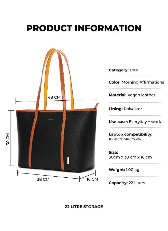 MOKOBARA The Astrid Tote Vegan Leather Oversized Black Tote Bag for Women (Morning Affirmations)