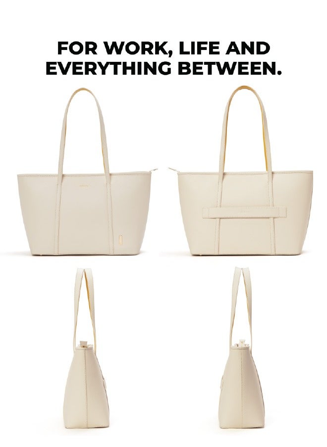 MOKOBARA The Astrid Minimal Tote Vegan Leather Oversized Black Tote Bag For Women (Oatmilk)