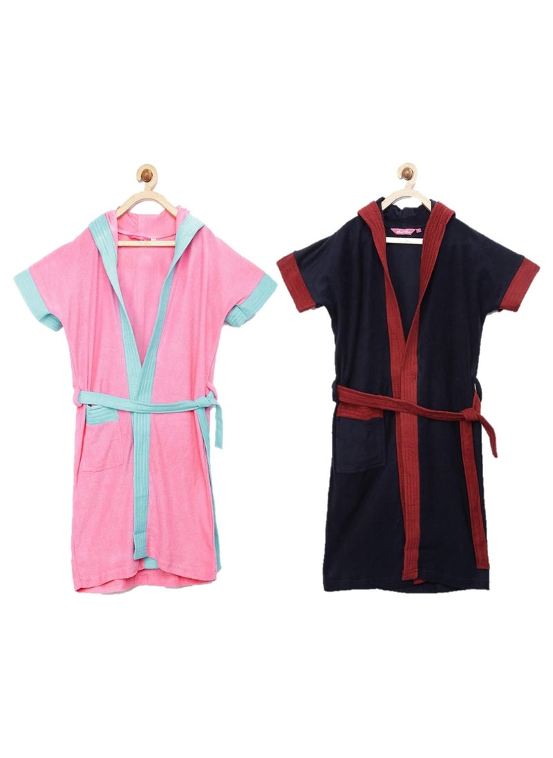 Sanddune Terry Cotton Half Sleeves Knee Length Hooded Bathrobe Gown with Pockets and Waist Belt Pink and Navy Blue Combo Set of 2