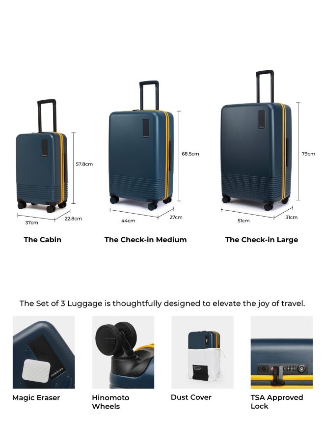MOKOBARA Iconic Range The Set of 3 Polycarbonate Hard Shell Luggage 79Cms Cabin, Small Medium & Large Size German Makrolon Blue, 8 Spinner Wheels Suitcase Trolley, Hinomoto Wheels (Ocean Sunray)