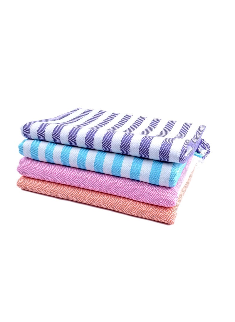 Sathiyas 480 GSM 4 Piece Bath NonTerry Cotton Towel Ultra Absorbent Super Soft and ComfortableQuick Drying Towel Blue Lavender Pink Orange 75 cm X 150 cm
