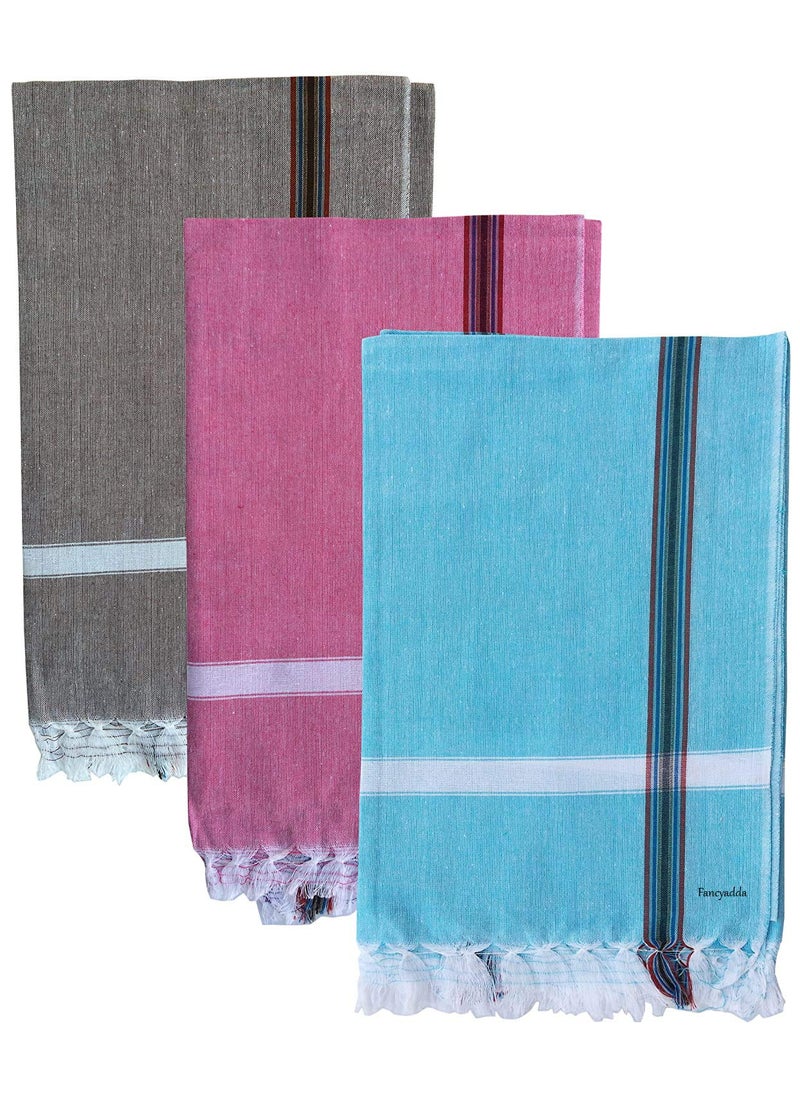 Fancyadda Cotton Bath Towel 300 GSM Set of 3 Pink Light Blue Brown Light Weight 30x60 inches