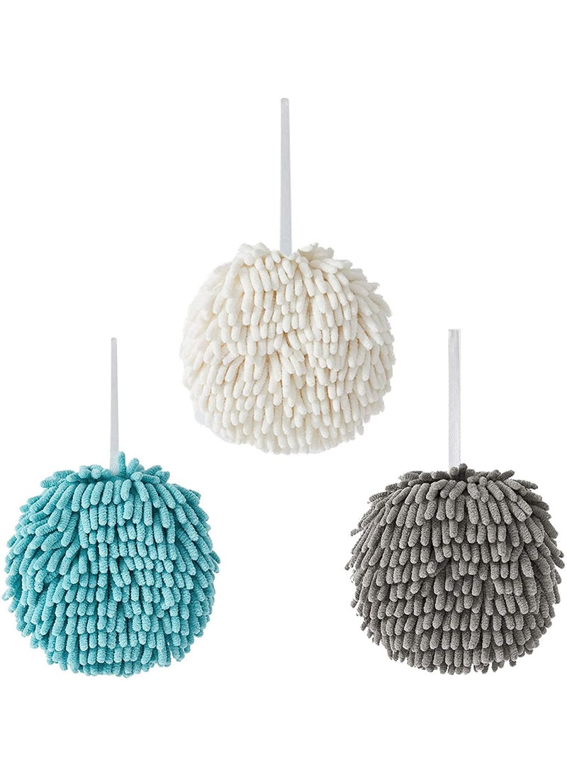 AUGEN Chenille Hand Towels Ball Hanging Hand Towel Soft Absorbent Microfiber Coral Velvet Hand Wipe Cleaning Cloth for Bathroom Kitchen Pack of 3 200 GSM