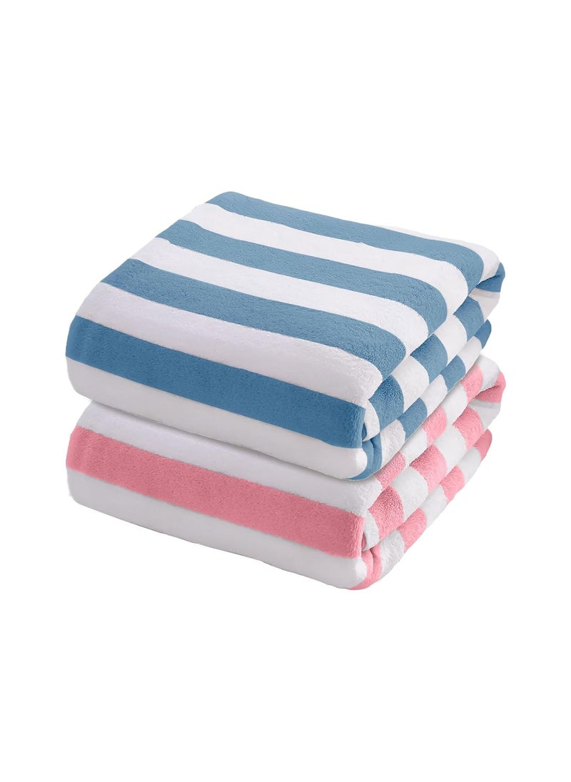 MAXOSHINE Microfiber Towels for BathStripes Bath Towel for Men and WomenSoft Coral Fleece Towel with Hook Quick Dry Super Absorbent70 x 140 cm BluePeach Pack of 2