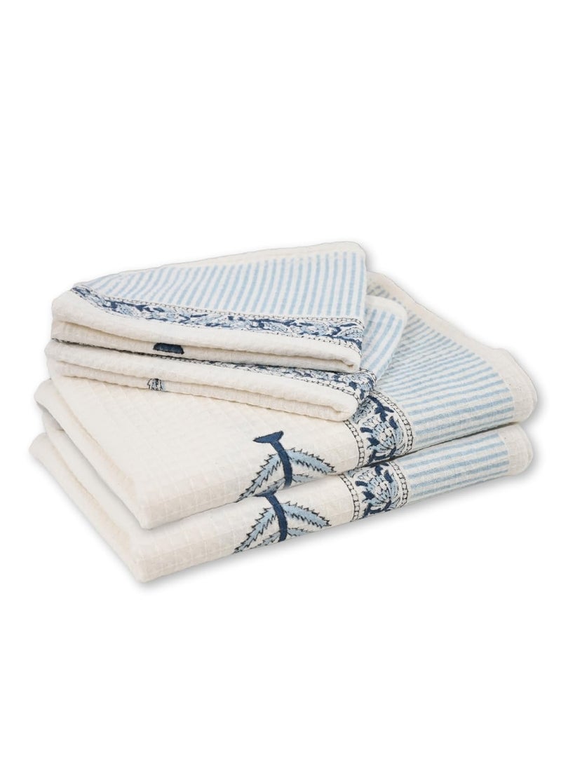 Peepul Tree Block Printed Hand and Bath Towels Super Absorbent Soft Faster Drying Floral Printed 100 Pure Cotton 240 GSM 2 Hand 2 Bath Towel Set Blue