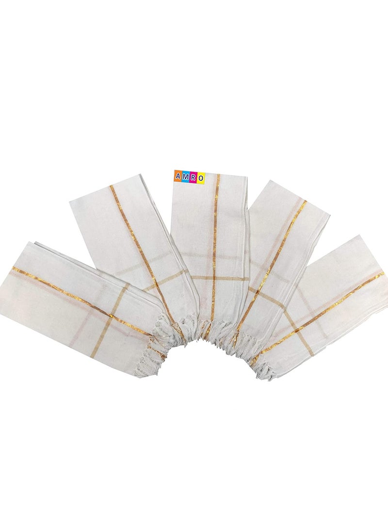 Amro Home Needs White Cotton Bath Towels Light Weight Fast Absorbing Pure Cotton Kerala ThorthuBath TowelGamcha Large Size Combo Set Pack of 5 Pieces Hot Washable 75 X 150 cm 30X60 Inches
