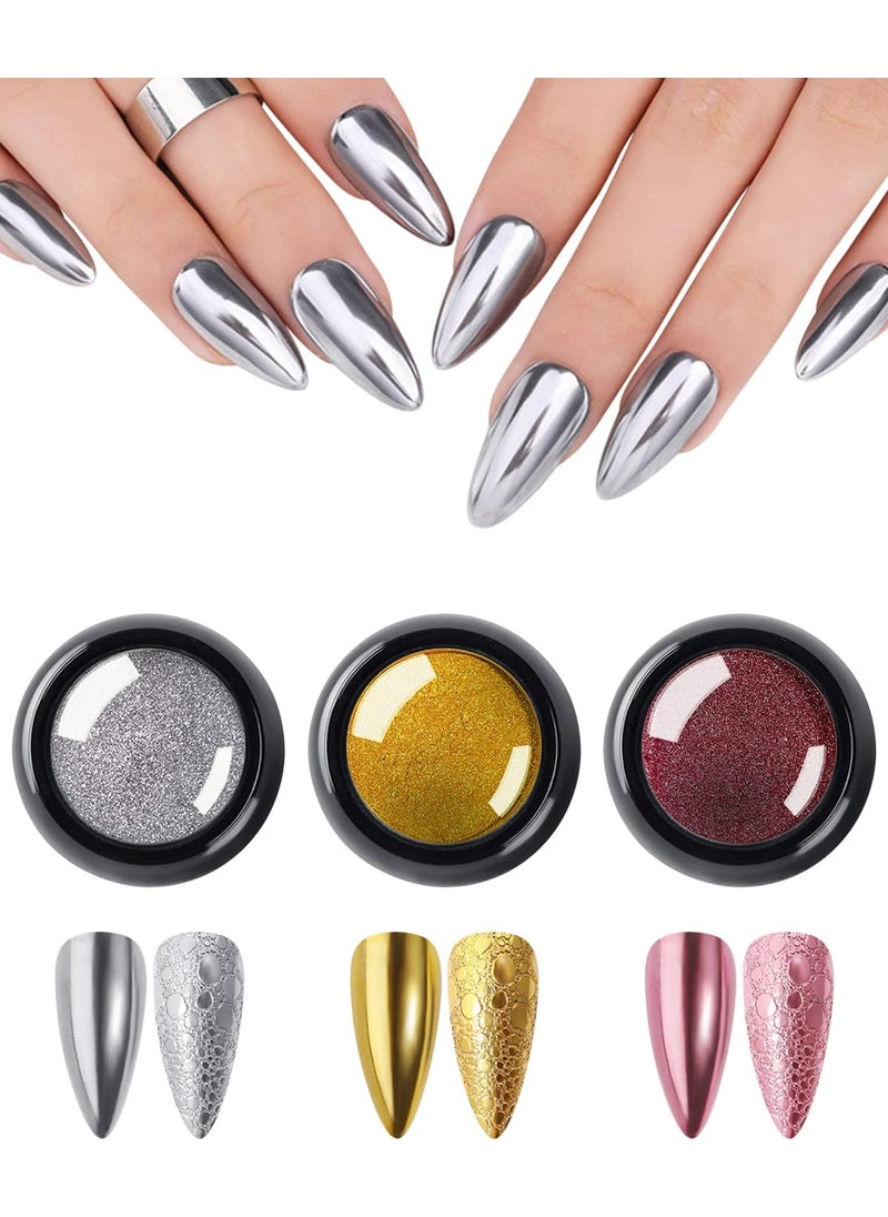 3 Colors Chrome Nail Powder Set Reflective Glitter Metallic Mirror Effect for Nails Art Design 3D Holographic Silver Rose Gold Pigment Flash Light Crome Paillette Dust with 3 Tools