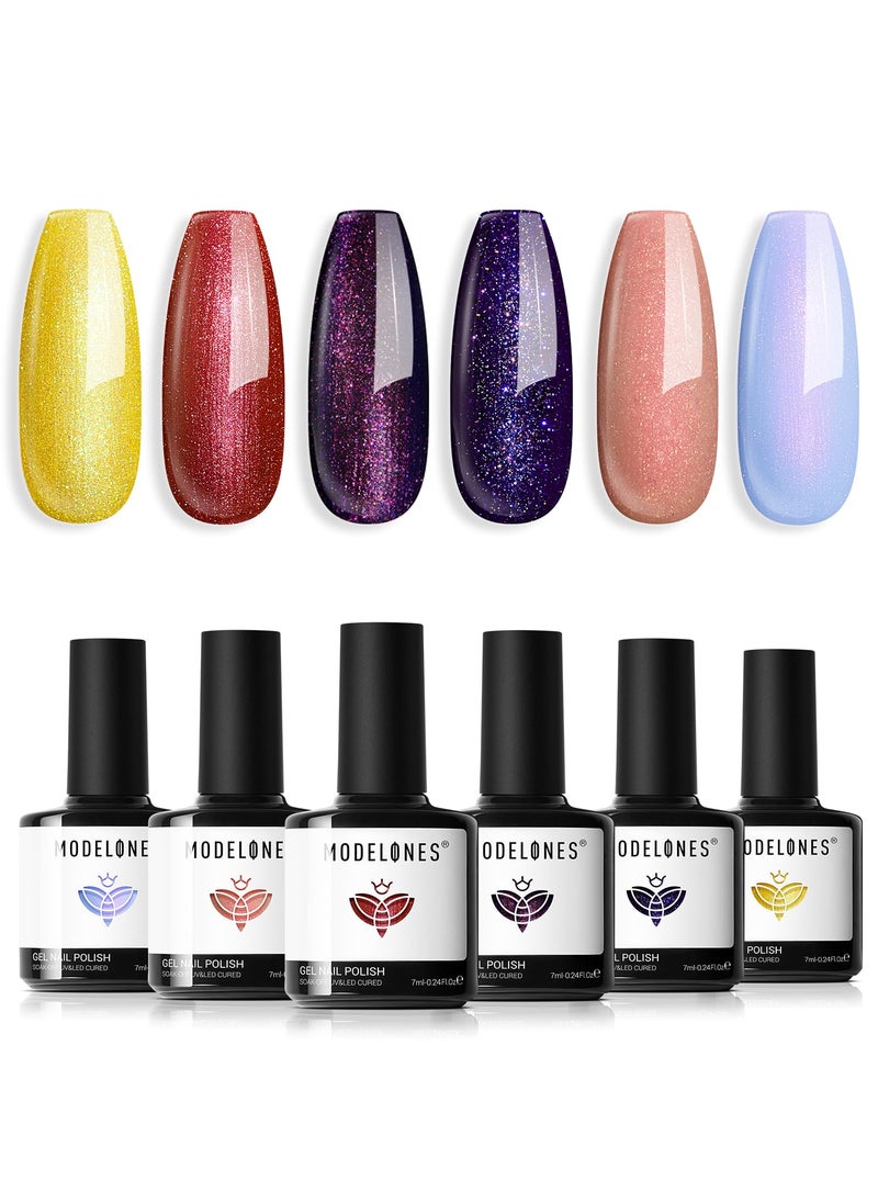 modelones Gel Nail Polish Set 6 Colors Red Purple Blue Yellow Glitter Gel Polish Chameleon Shimmer Soak Off LED Nail Lamp Gel Nail Kit Home Gift DIY Salon for Women Girl