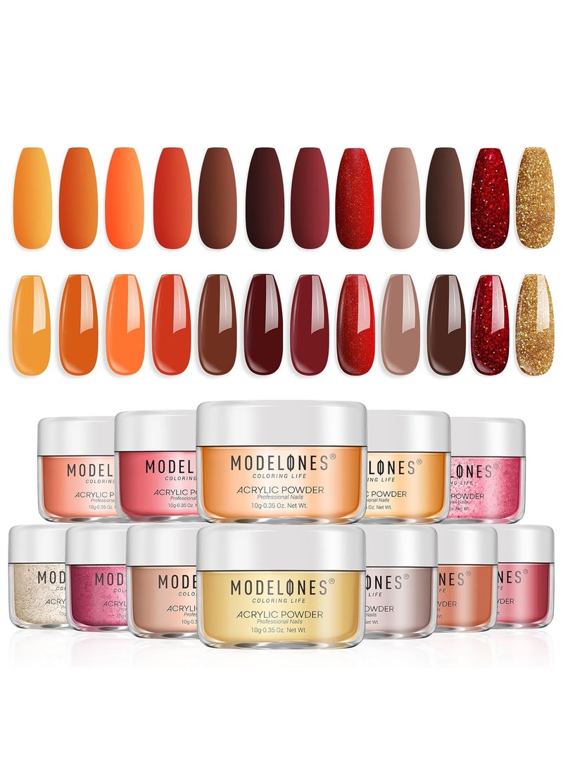 Modelones 12 Pcs Acrylic Powder Set Maple Leaf Collection Acrylic Nail Powder Gold Red Orange Brown Professional Nail Extension, Carving, French Kit Christmas Gifts for Women