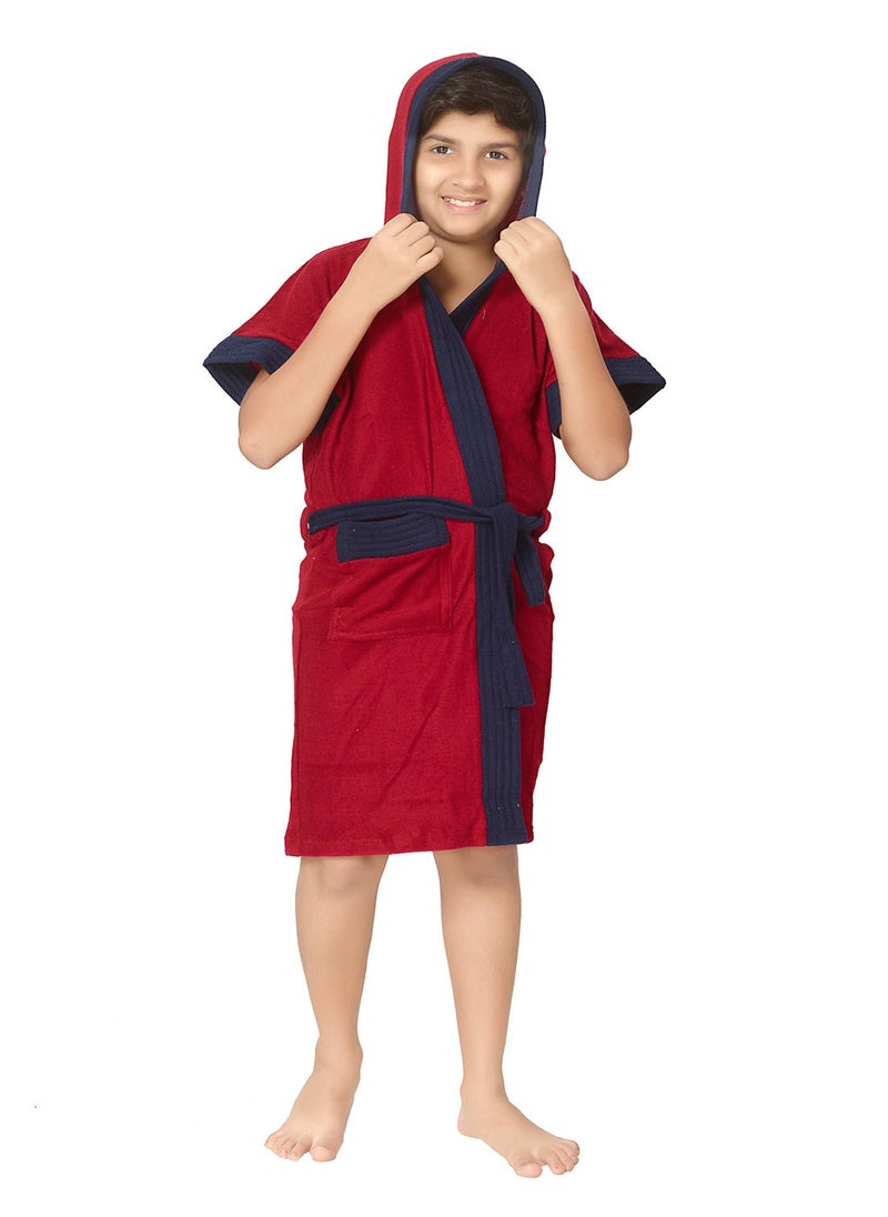 SAND DUNE Half Sleeves Knee Length Pocket with Waist Belt Cotton Hood Bathrobe for Age Group Between 4 to 5 Years Red with Navy Blue Border
