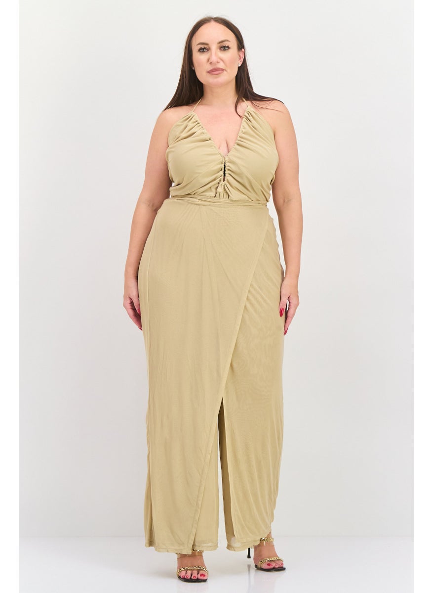 Nicole Williams English x Bar III Women Plus Size Lace Details Sleeveless Jumpsuit, Beige