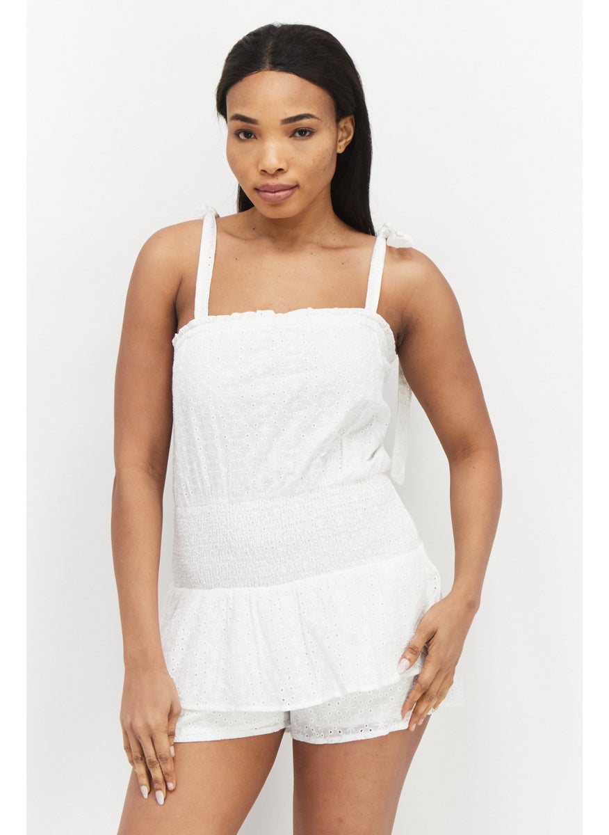 Women Square Neck Textured Sleeveless Playsuit, White