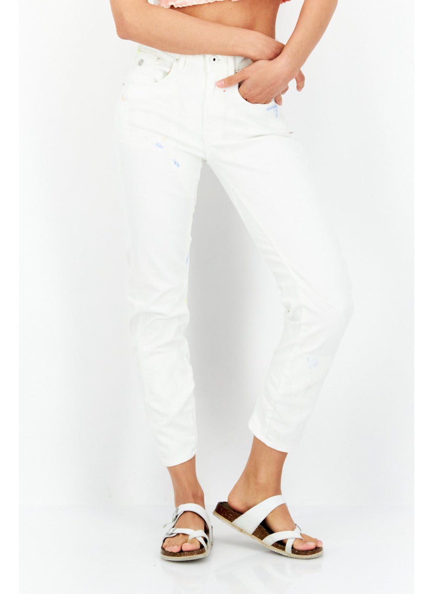 Women Boyfriend Fit High Waist Washed Denim, White