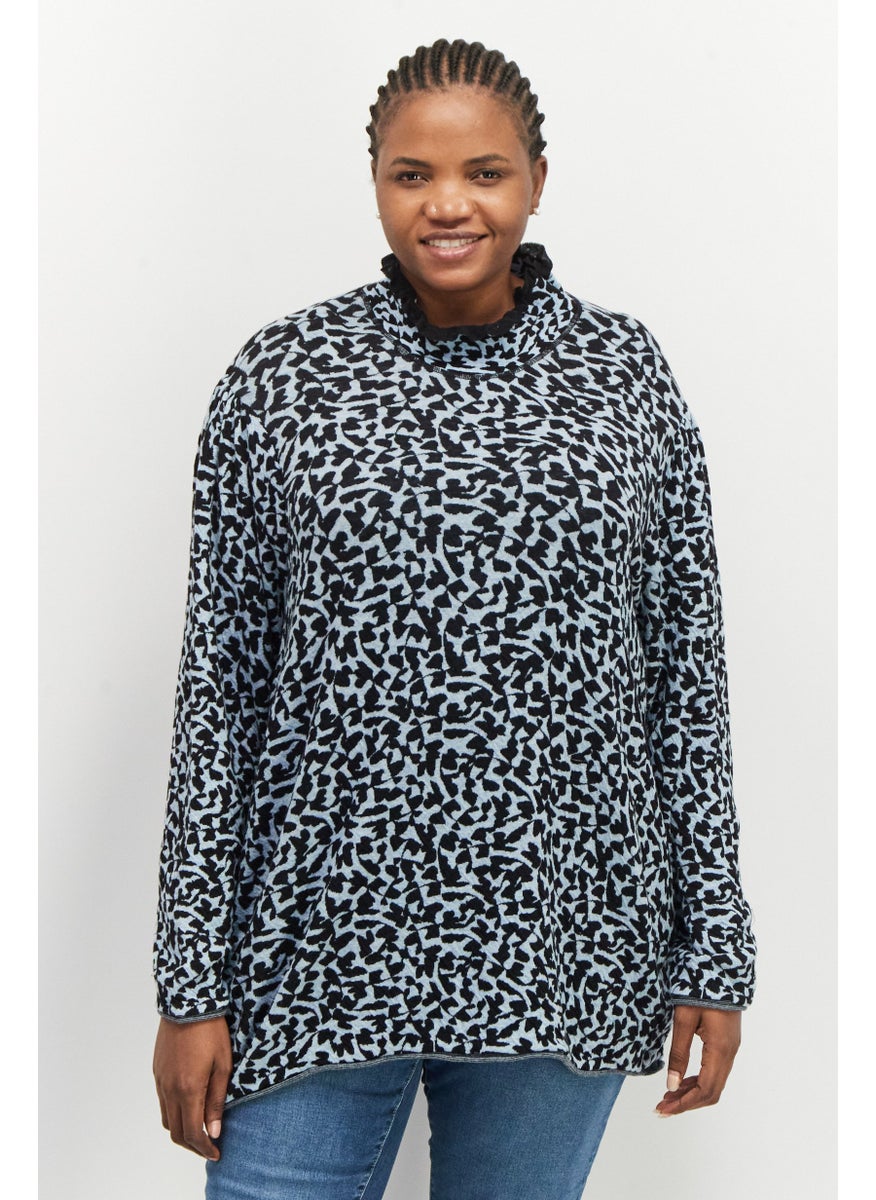 Women Plus Mock Neck Long Sleeve Animal Print Sweater, Black Combo