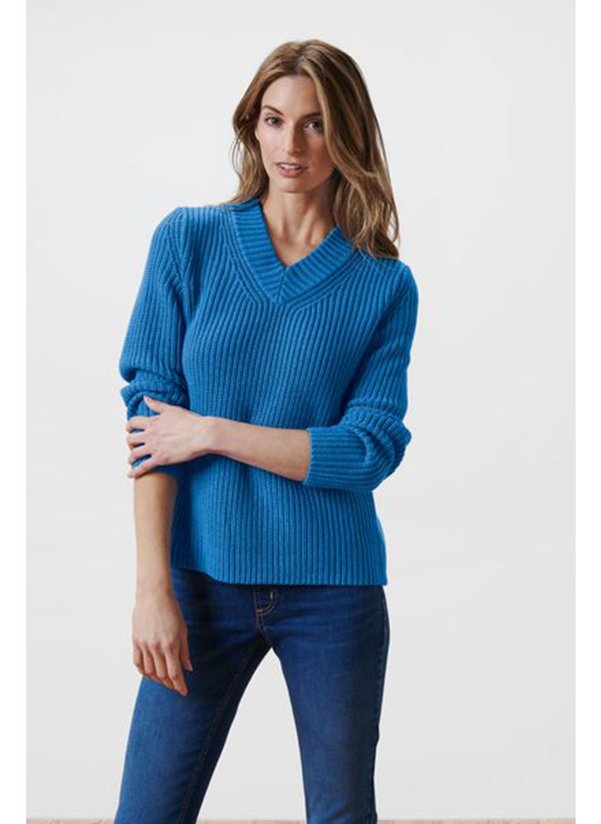 Women V-Neck Knitted Sweater, Blue