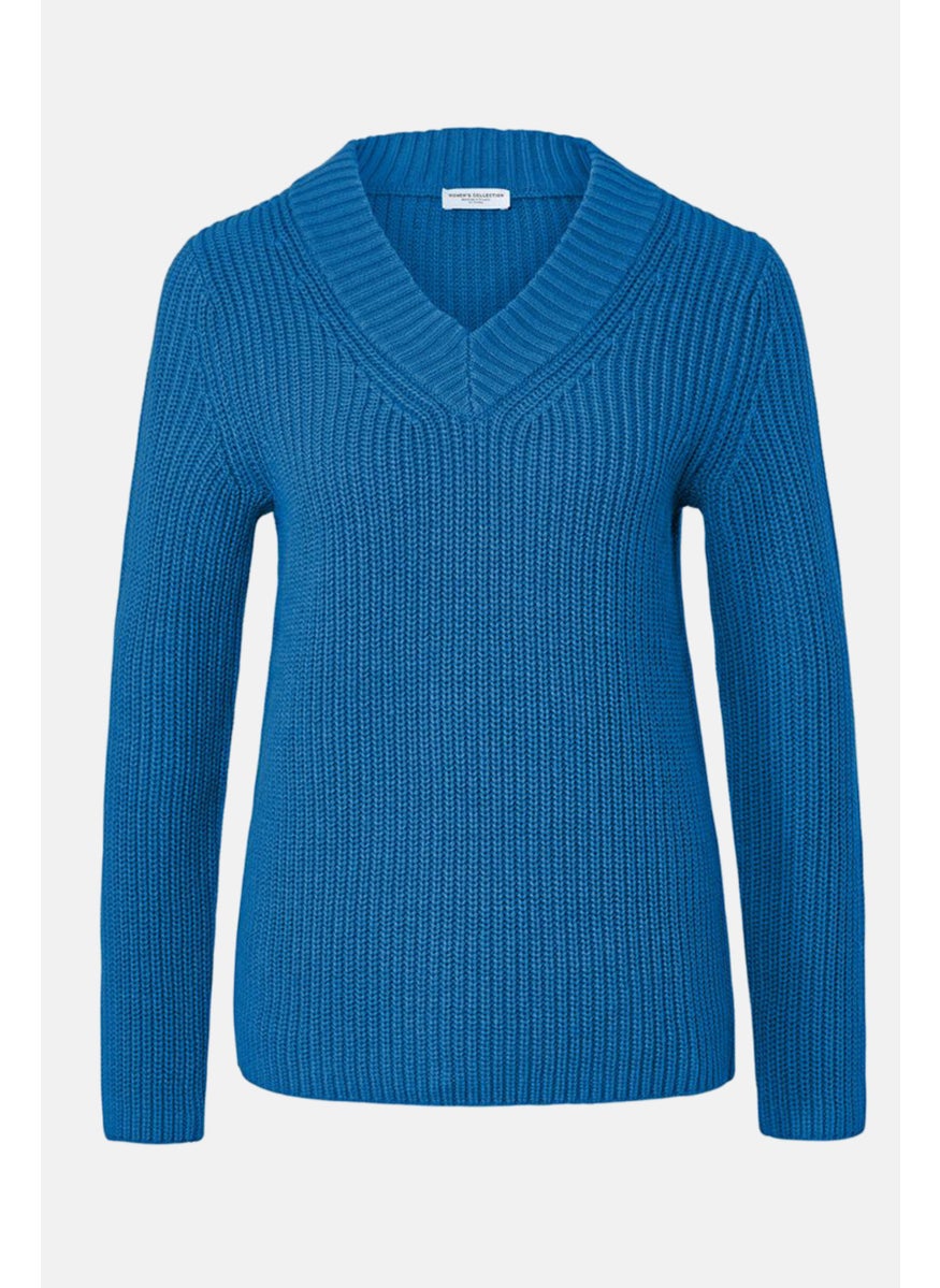 Women V-Neck Knitted Sweater, Blue