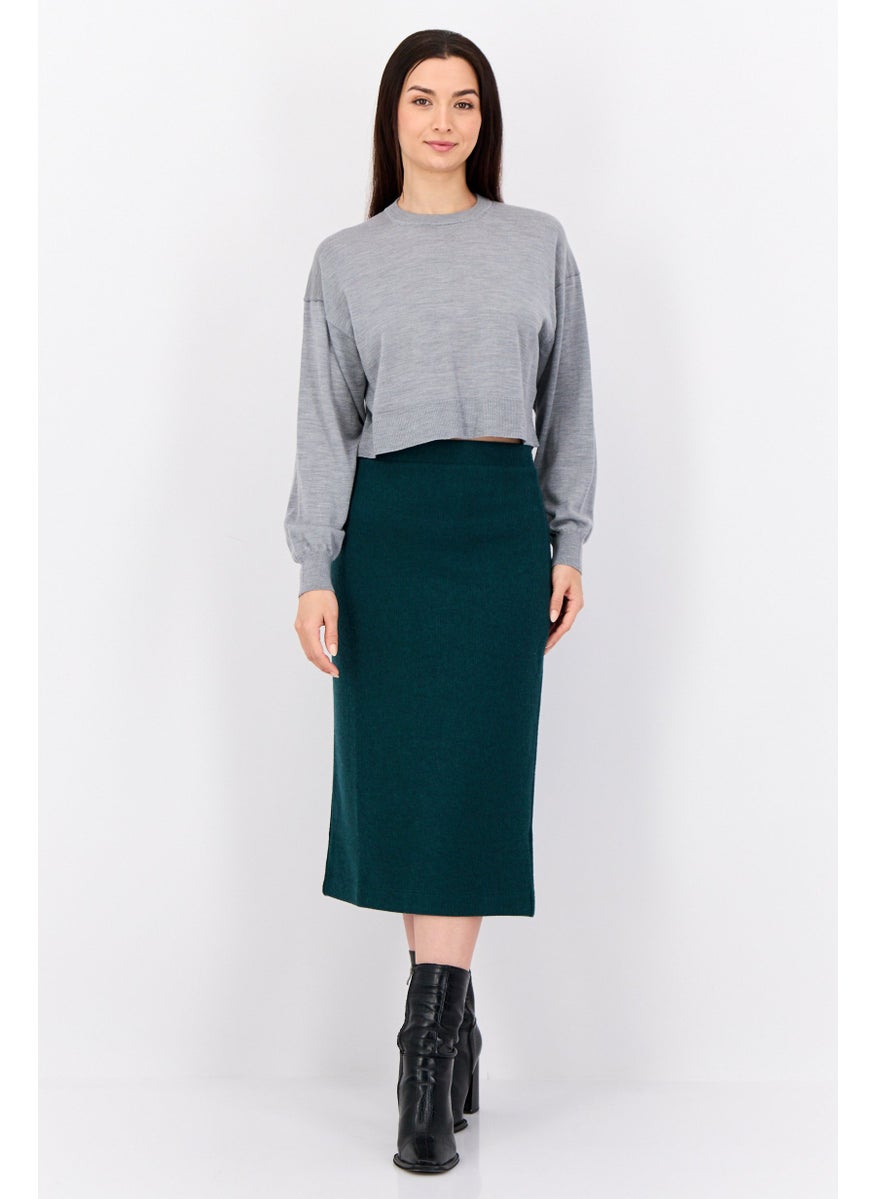 Women Crew Neck Knitted Cropped Sweater, Grey