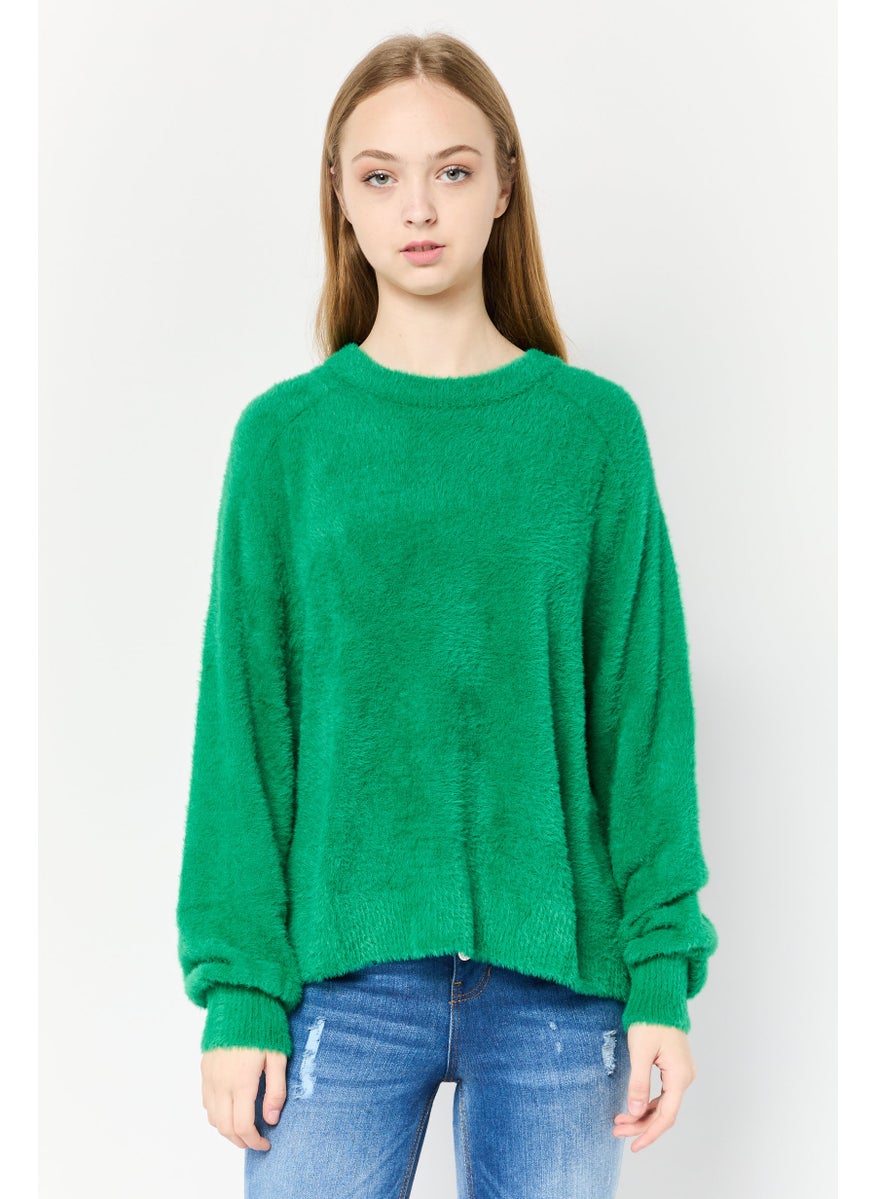Women Crew Neck Fuzzy Sweater, Green