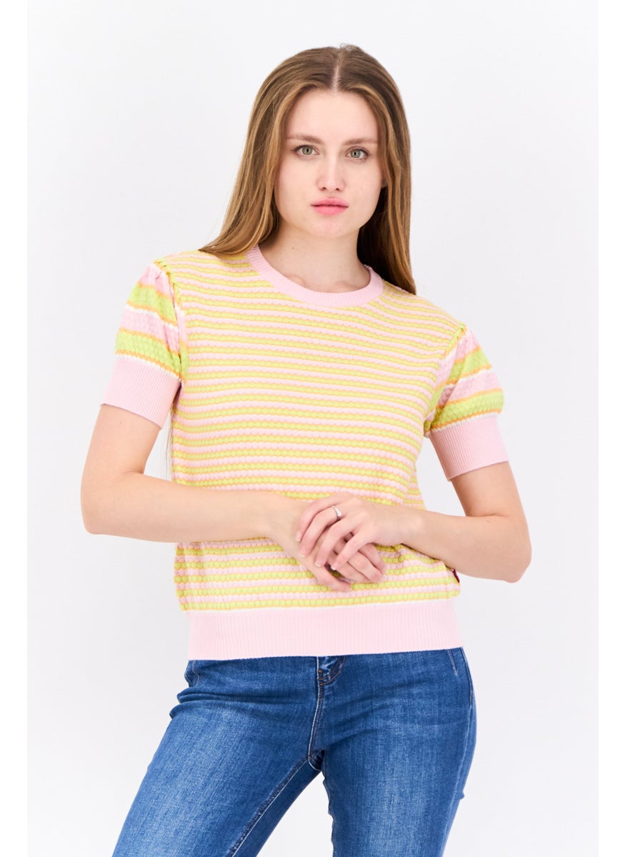 Women Crew Neck Stripe Sweater, Pink