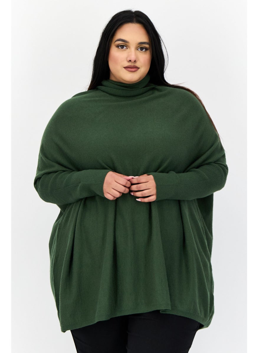 Women Plus Size Turtle Neck Long Sleeve Solid Sweater, Green