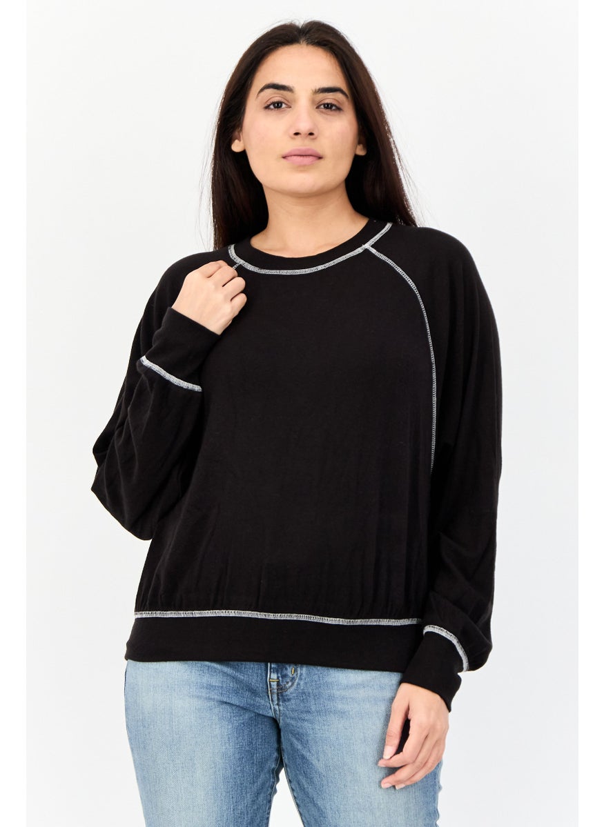 Women Round Neck Plain Sweater, Black
