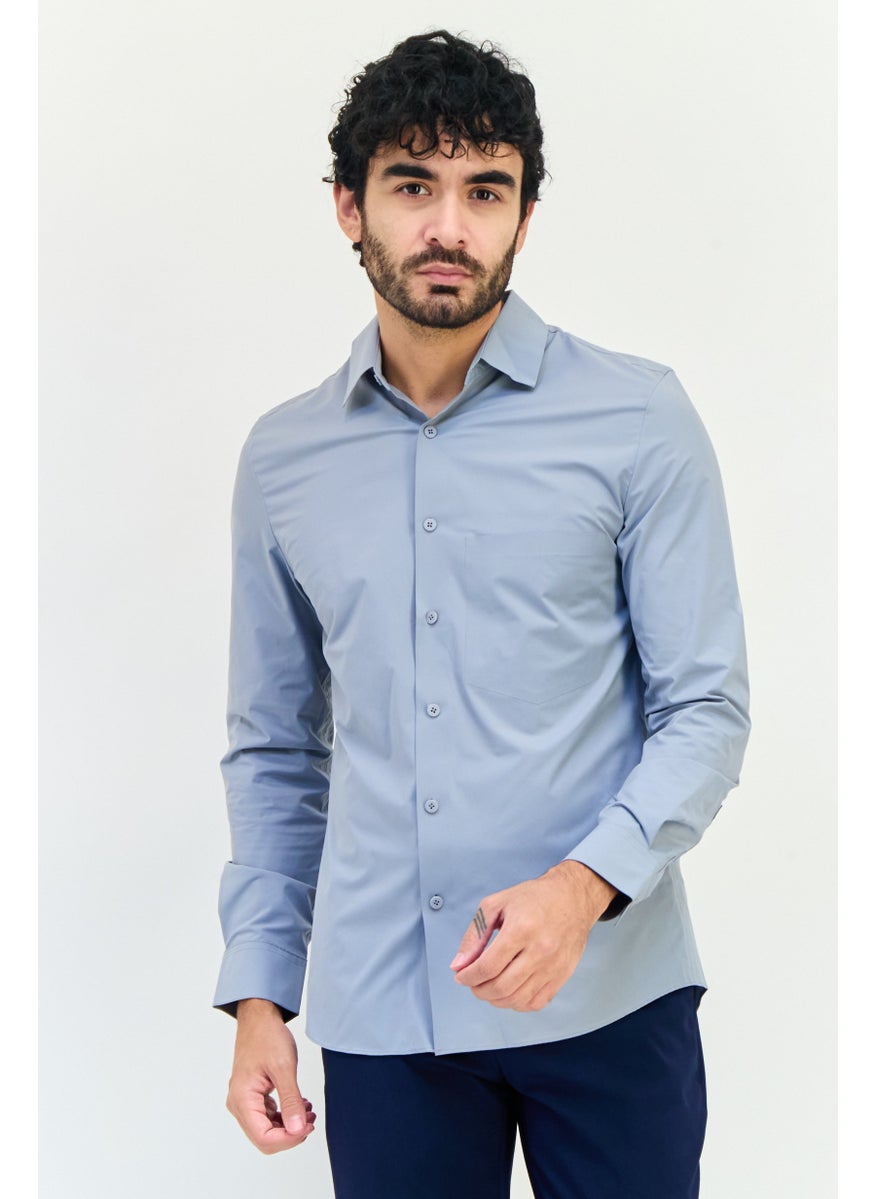 Men Regular Fit Solid Long Sleeves Casual Shirt, Warm Grey