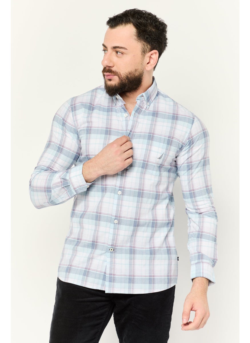 Men Slim Fit Plaid Long Sleeve Casual Shirt, White