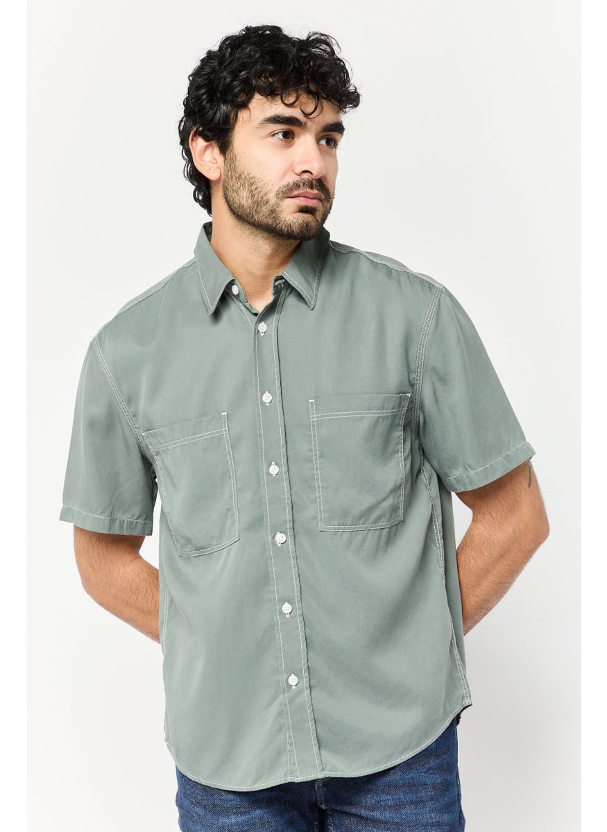 Men Regular Fit Solid Short Sleeves Casual Shirt, Slate Green