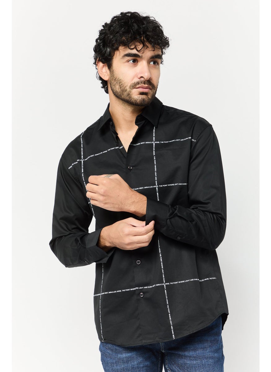 Men Regular Fit Long Sleeve Graphic Print Casual Shirt, Black