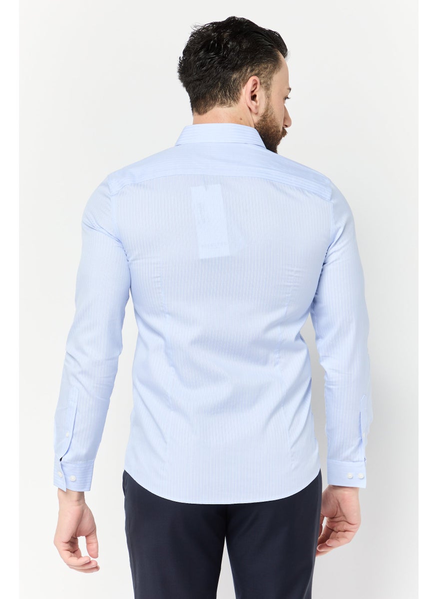 Men Slim Fit Stripe Long Sleeve Casual Shirts, Light Blue