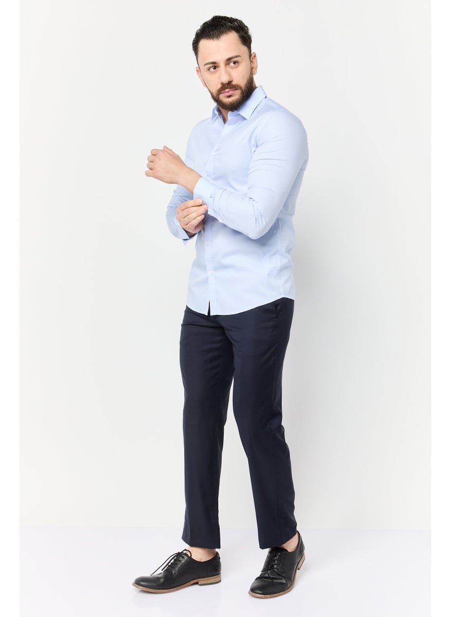 Men Slim Fit Stripe Long Sleeve Casual Shirts, Light Blue