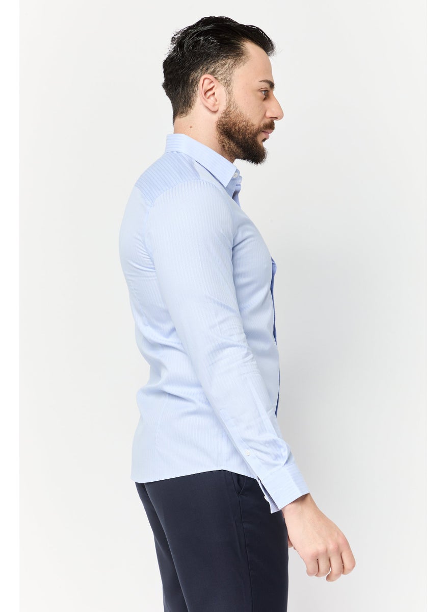 Men Slim Fit Stripe Long Sleeve Casual Shirts, Light Blue