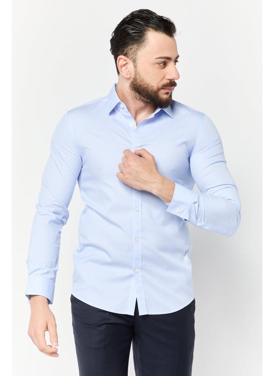 Men Slim Fit Stripe Long Sleeve Casual Shirts, Light Blue