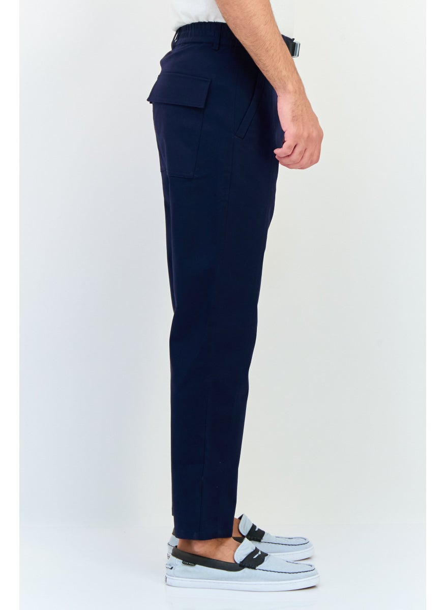 Men Regular Fit Solid Straight Pants, Navy