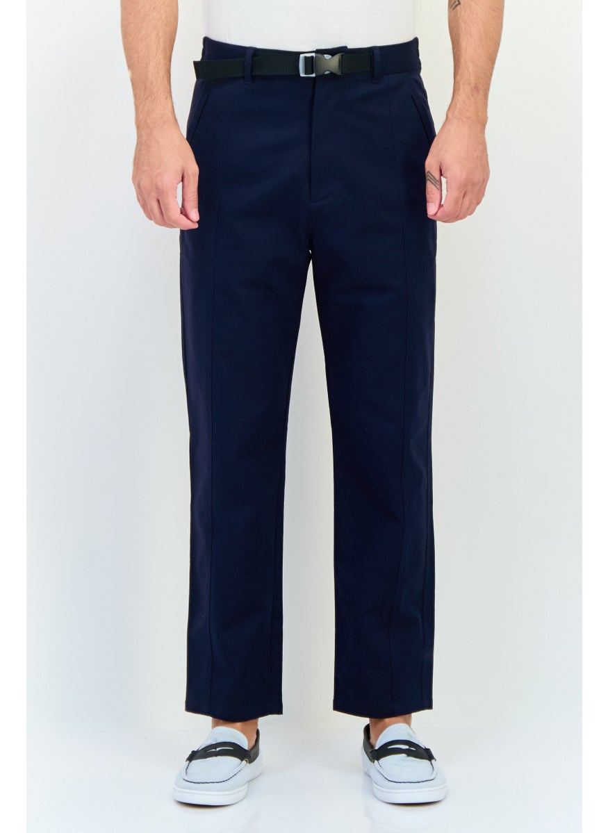 Men Regular Fit Solid Straight Pants, Navy