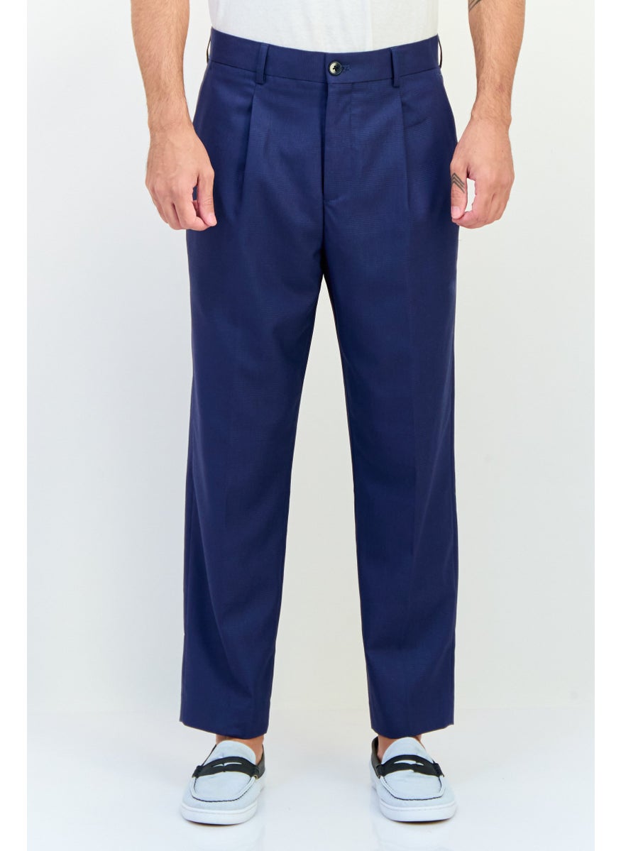 Men Tapered Fit Checkered Dress Pants, Dark Blue