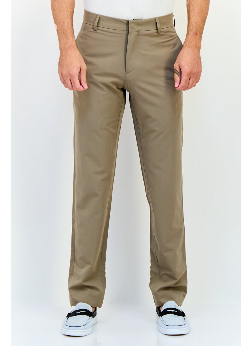 Men Regular Fit Solid Stretchable Straight Leg Pants, Dark Taupe