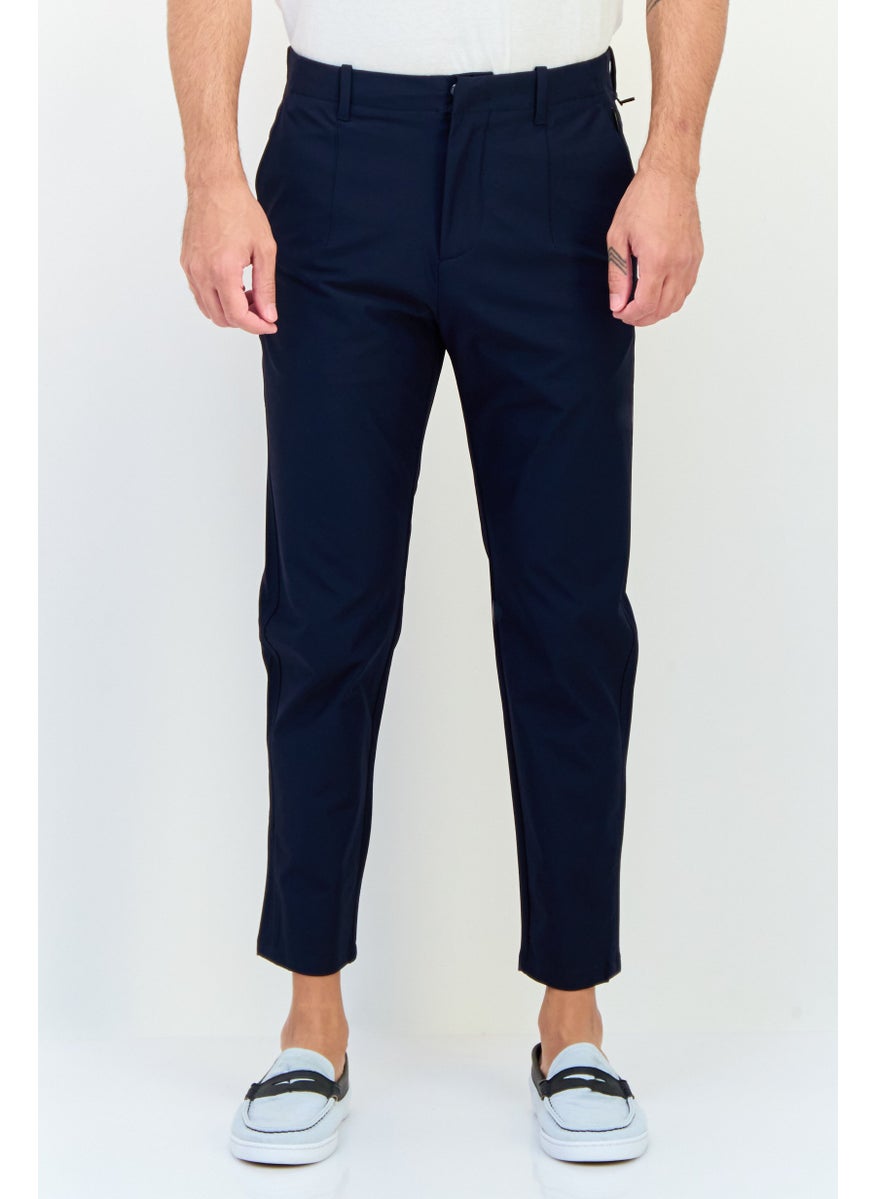 Men Tapered Fit Solid Dress Pants, Dark Navy