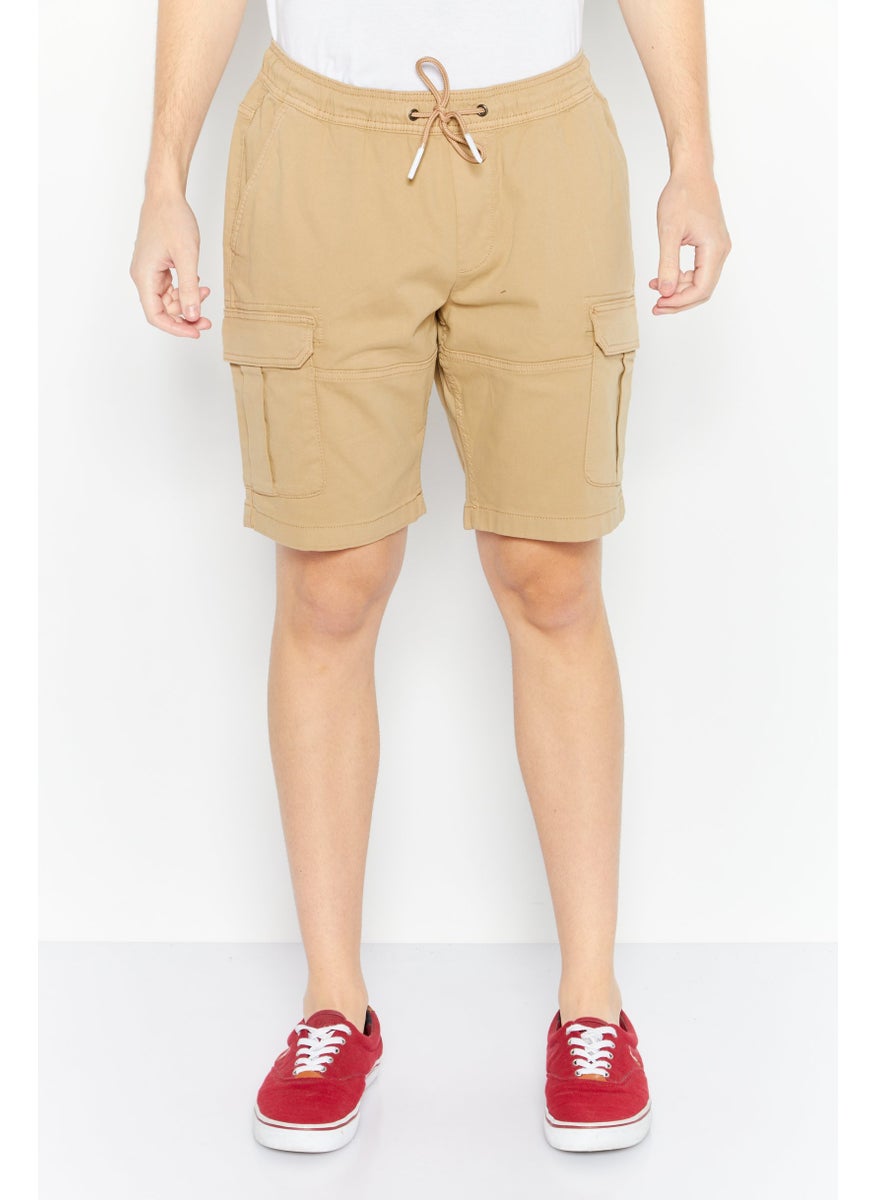 Men Plain Cargo Shorts, Beige