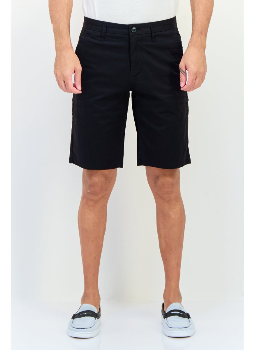 Men Slim Fit Solid Cargo Shorts, Black