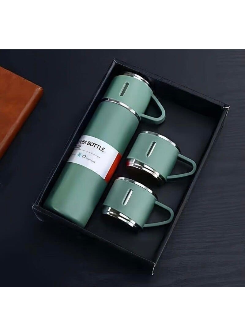 Kitchen Bloom Stainless Steel Vacuum Insulated Bottle Water Flask Gift Set with Two Cups Hot Cold Diwali Gifts for Employees Corporate Gift Items Vacuum Flast Set with 2 Mugs Green