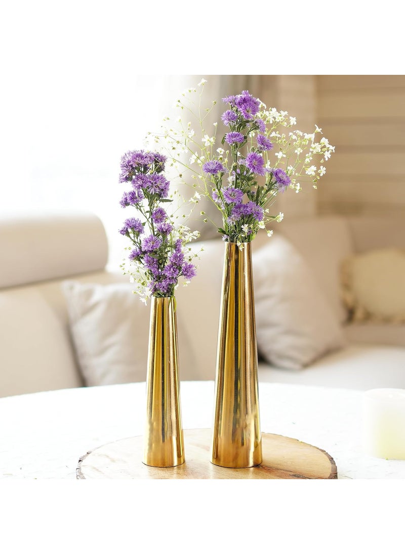 Behoma Golden Metal Slim Cone 8 106 Flower Vase for Home Decor Bedroom Living Room Office Wedding Table Decorative Item for Festivals Birthday Valentines Day Flower Not Included Set of 2