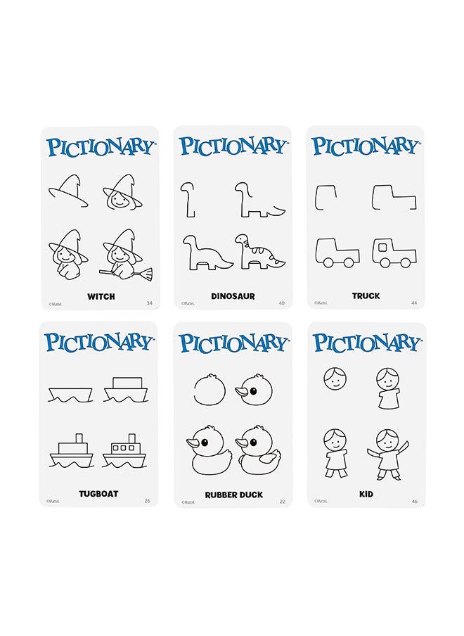 Pictionary Family Board Game for Kids, Adults and Game Night for 2 Teams with Erasable Markers, Boards and Sand Timer