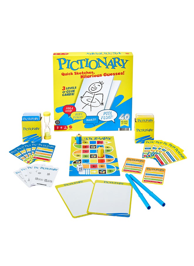 Pictionary Family Board Game for Kids, Adults and Game Night for 2 Teams with Erasable Markers, Boards and Sand Timer