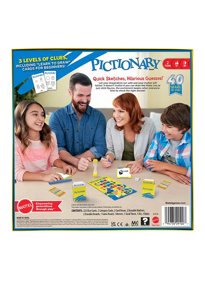 Pictionary Family Board Game for Kids, Adults and Game Night for 2 Teams with Erasable Markers, Boards and Sand Timer