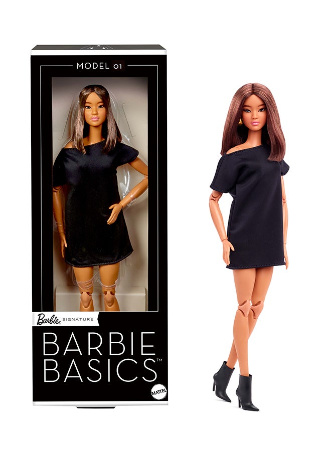 Basics Model 01 Collector Doll with Brunette Hair, Black Mini Dress & Shoes, Universal-fit Fashions, Posable Body & Swappable Doll Head